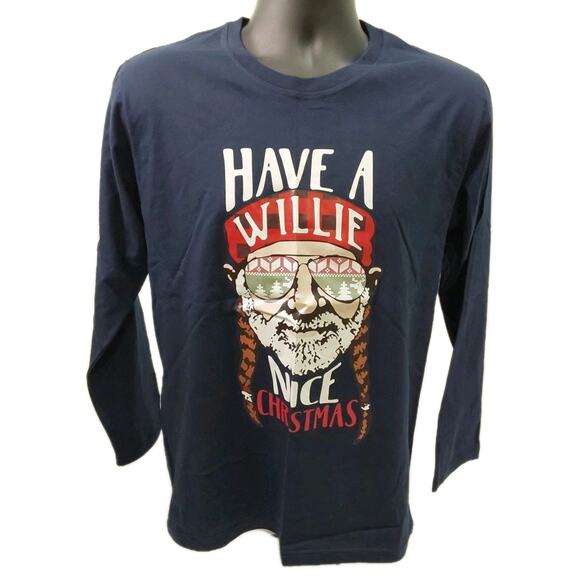 Graphic Tops Medium Blue Long Sleeve Willie Nelson Christmas T-Shirt #M67 - Picture 1 of 4